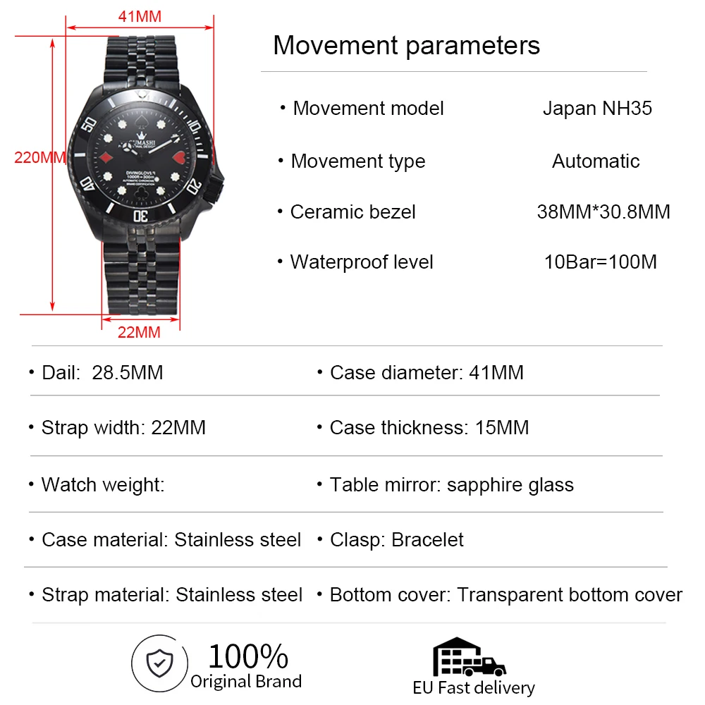 Oumashi 41mm 007 Men's Watch New Men's Luxury Automatic NH35 Watch Movement Sapphire Crystal Stainless Steel Waterproof Watch