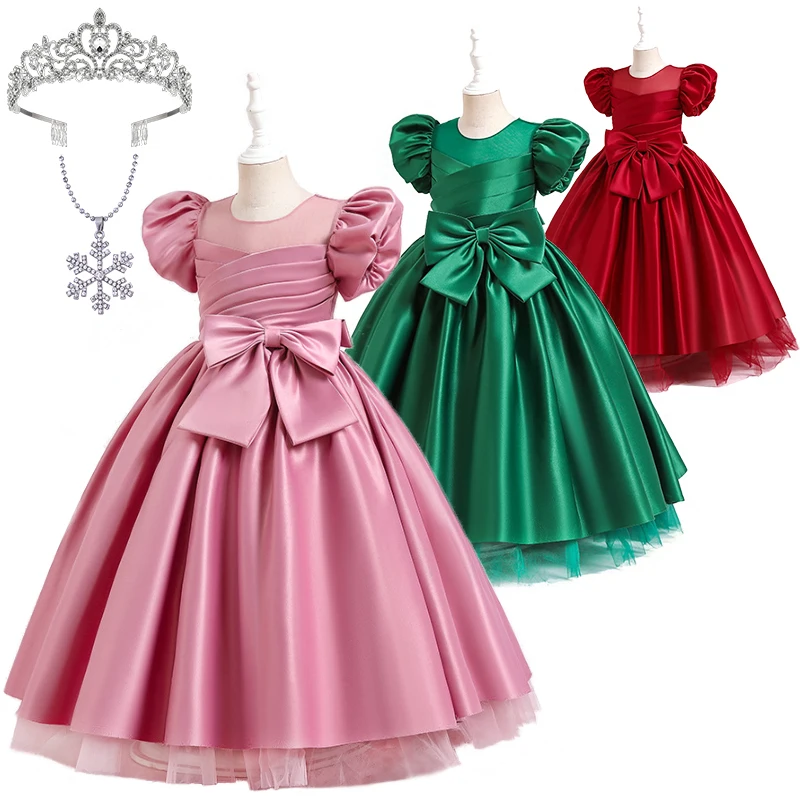 

2023 Formal Occasion Flower Girl Puff Sleeve Pleated Long Dress with Plus Bow Tie Children Princess Graduation Ceremony Costume