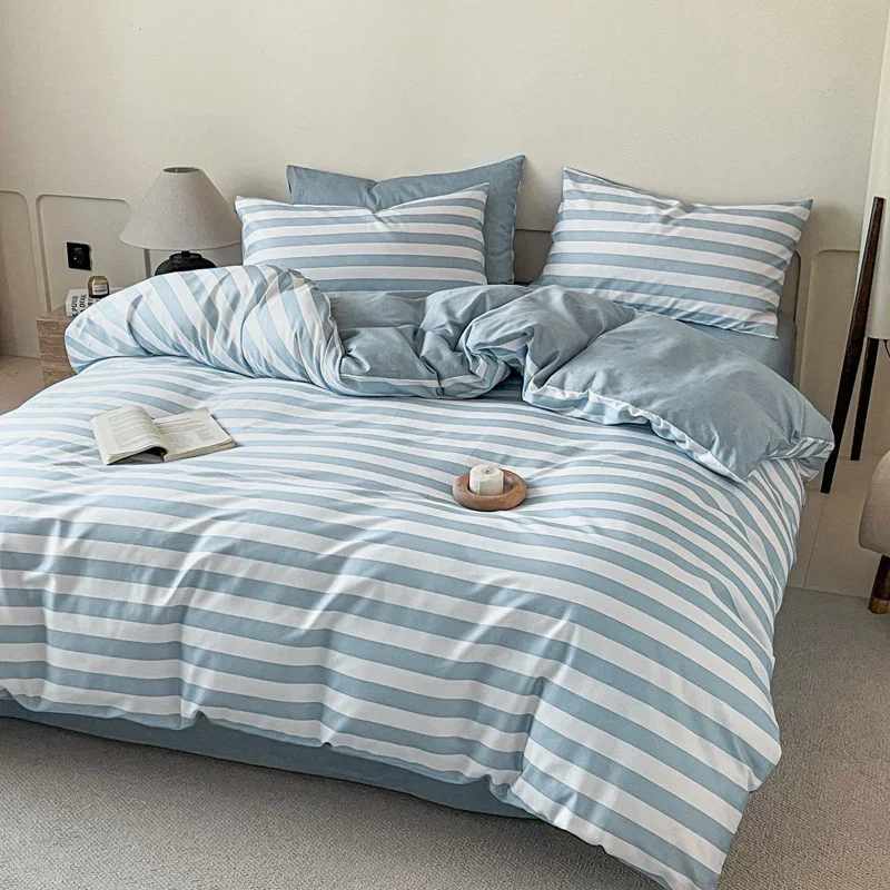 3pcs 100% Cotton Solid Color/two-color/striped/checkered Print Bedding, 1PC Duvet Cover 2PC Pillowcases Soft and Skin-friendly