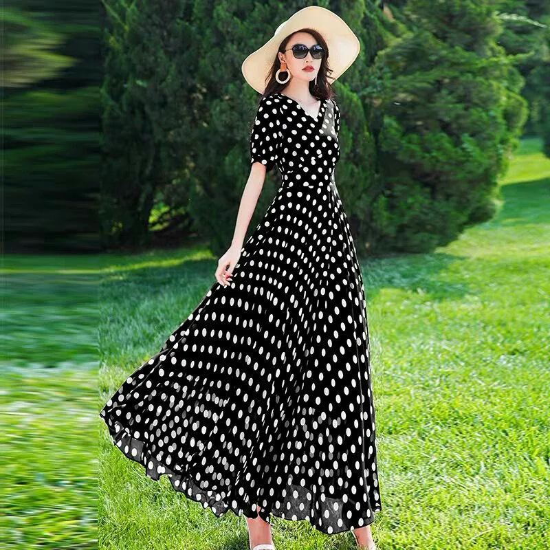 Women's Clothing Red Polka Dot  Summer Dress New Vacation Bohemian Beach Chiffon Long Dresses Female Vestidos Elegant Lady Dress - view 4