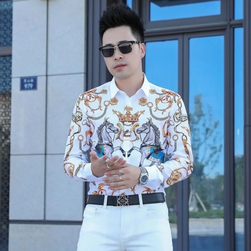 Outono high-end impresso camisa masculina bonito magro manga longa camisa moda topo