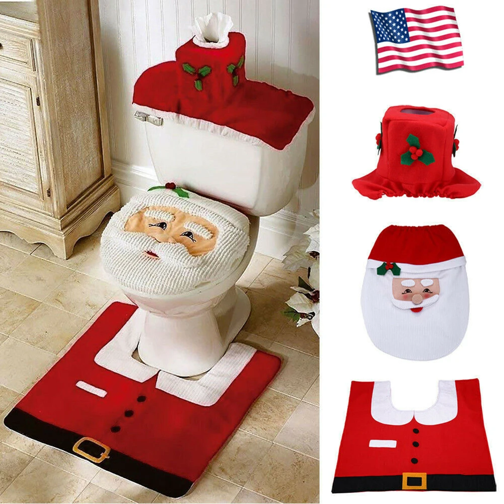 Christmas Bathroom Decorations Sets Creative 3pcs Santa Toilet Seat Cover Rug Toilet Tank Cover Xmas Supplies Xmas Home Decor