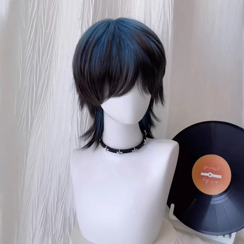 Wig blue and black gradual change top dyeing Japanese wolf tail short hair natural high-level mullet head wig whole top
