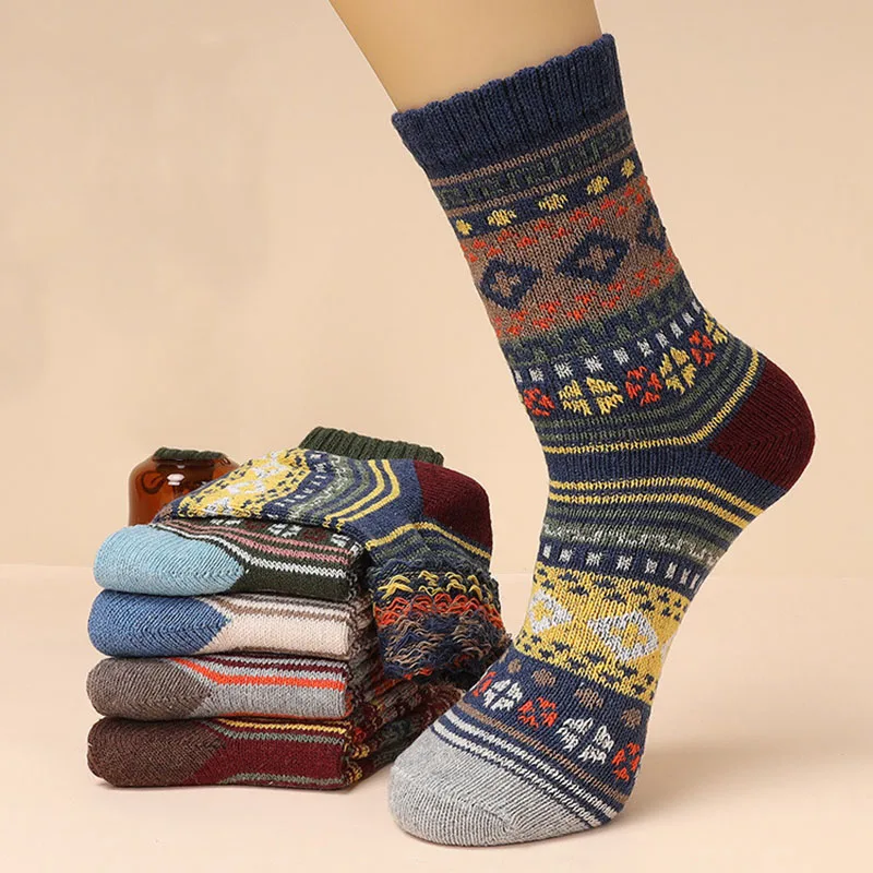 5 Pairs/Lot Men\'s Thick Wool Socks Autumn And Winter High Quality Japanese Vintage Stripes Warm Comfortable Soft Socks EU 38-44