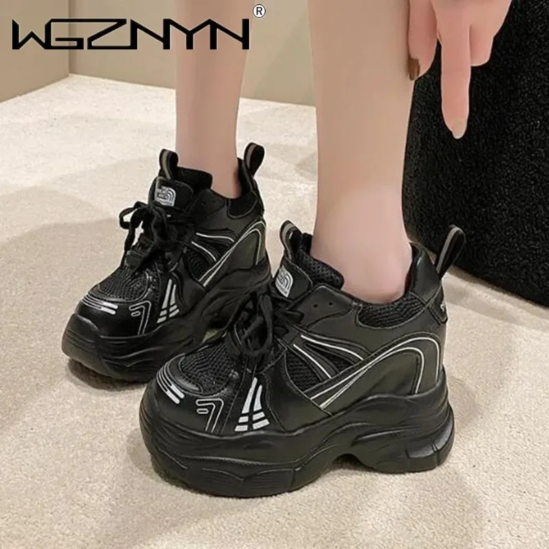 

Новинка 2024, осенние женские дышащие сетчатые массивные кроссовки, повседневная обувь на высокой платформе 10 см, летняя спортивная кожаная обувь на шнуровке, женская обувь