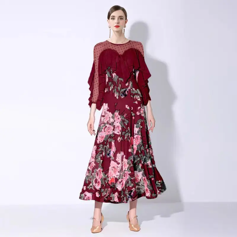 Schickes bedrucktes Patchwork-Abendkleid für Cocktailpartys, Damenbekleidung, fließendes Chiffon-Tanzkleid im französischen Stil, langer Rock 2025,