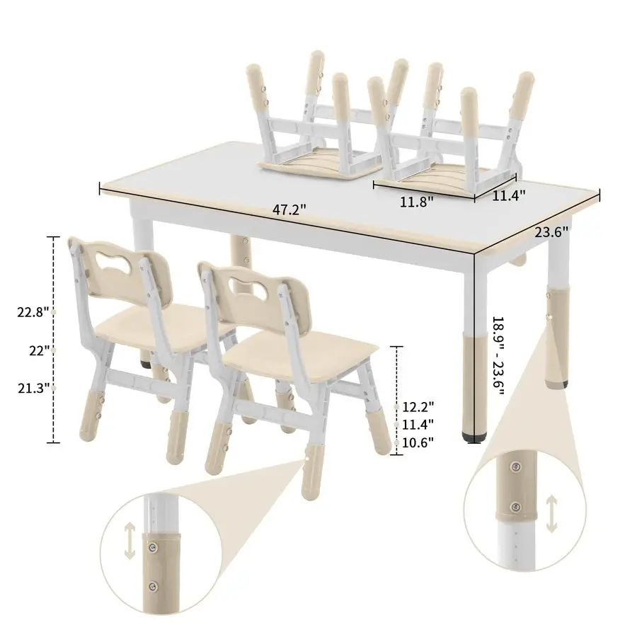 Table and Chairs Set for 4, 47.2L x 23.6W Kids Study Table and Chair Set, HeightAdjustable, Graffiti Desktop, Children Activity