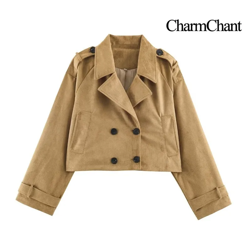 CHARMCHANT Women's Trench Coat Suede Look Short Double Breasted Notched Lapel Epaulette Cropped Vintage Jacket Autumn 2026