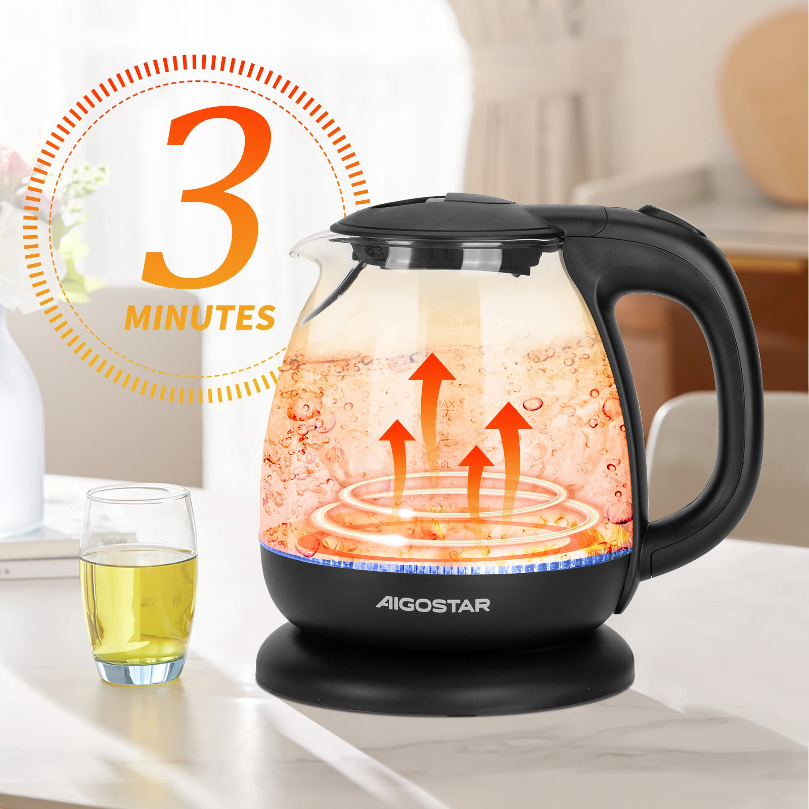 غلاية كهربائية زجاجية سعة 1 لتر مع إضاءة ليد ، نظام حماية من الغليان الجاف ، قاعدة ° ،