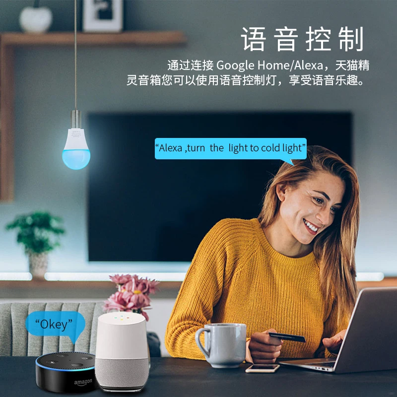 WENHIOT lampu LED bohlam Cerdas WiFi, digunakan bersama dengan Alexa Google Home RGB putih dapat diredupkan dengan fungsi timer bohlam warna