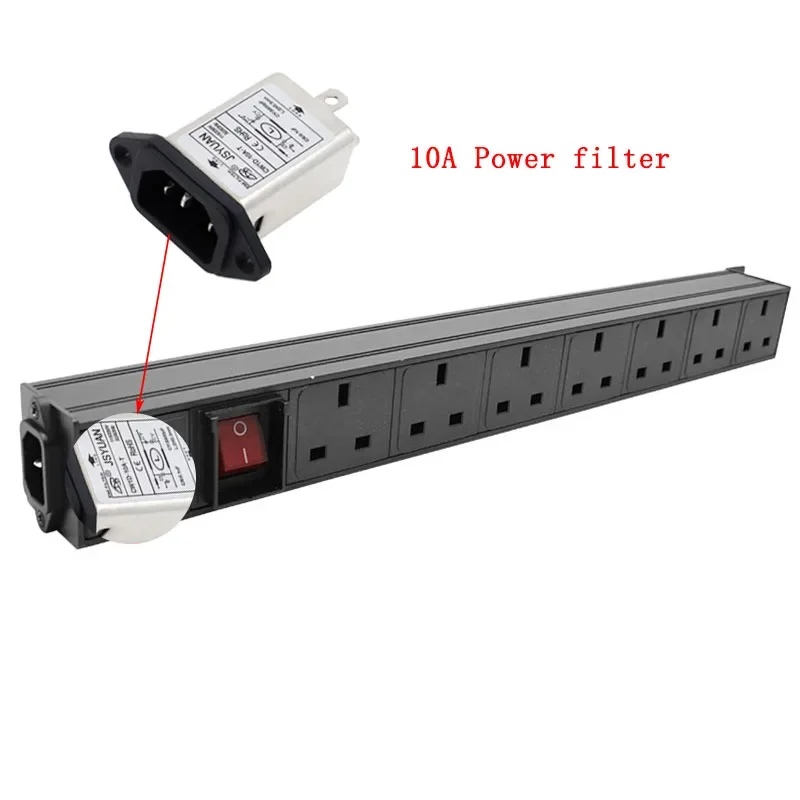 

PDU Power Distribution Unit for Cabinet Strip Socket 7 way UK Plug Outlets C14 Interface 10A power filter