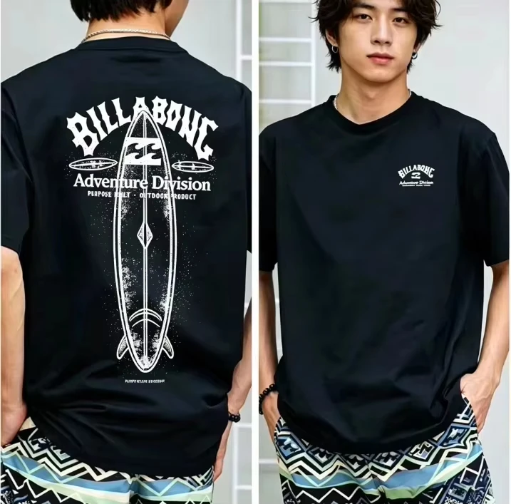 2026 New Surfing Oversized Unisex Streetwear Double Sided Surfboard Graphic T Shirt Retro Beach Surf Front Back Print Tee