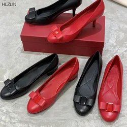 New women's leather shoes, women's brand bow design, high-heeled shoes, round toe low-heeled soft lambskin high-quality shoes