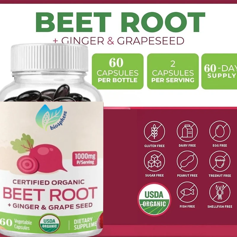 Organic Beetroot Capsules - Containing Ginger and Grape Seed Extracts, Organic Non GMO Beetroot Powder