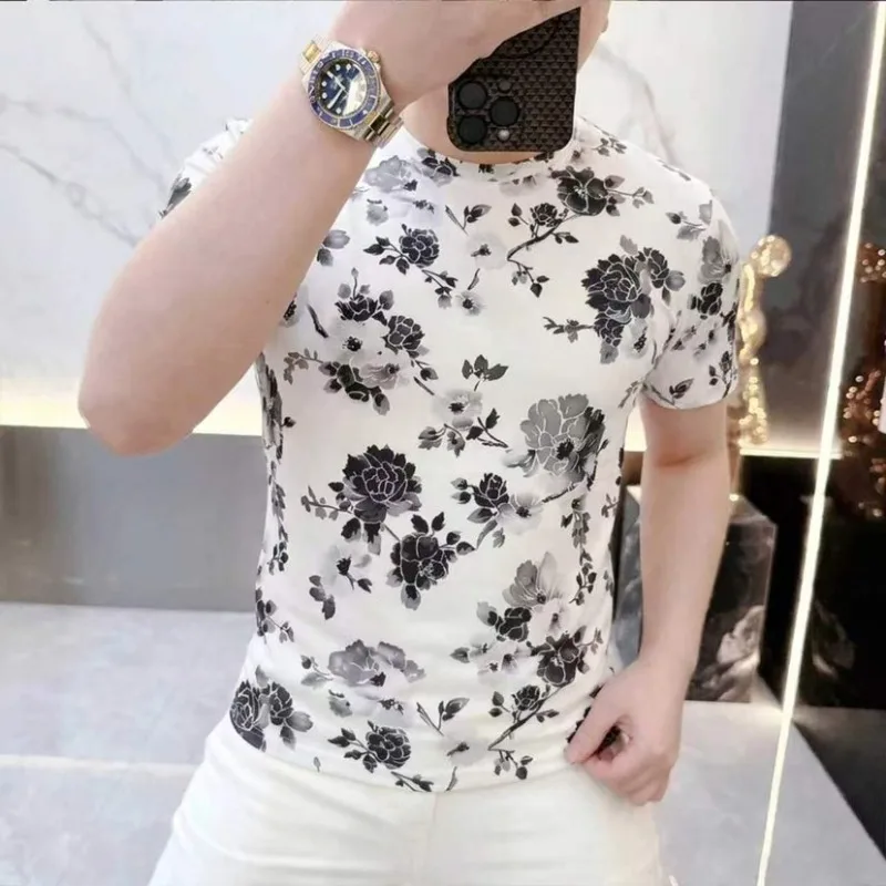 Trendy Floral Print Short Sleeved T-shirt for Men Summer Slim Fit Casual Business Tshirts Ice Silk Breathable Social Streetwear