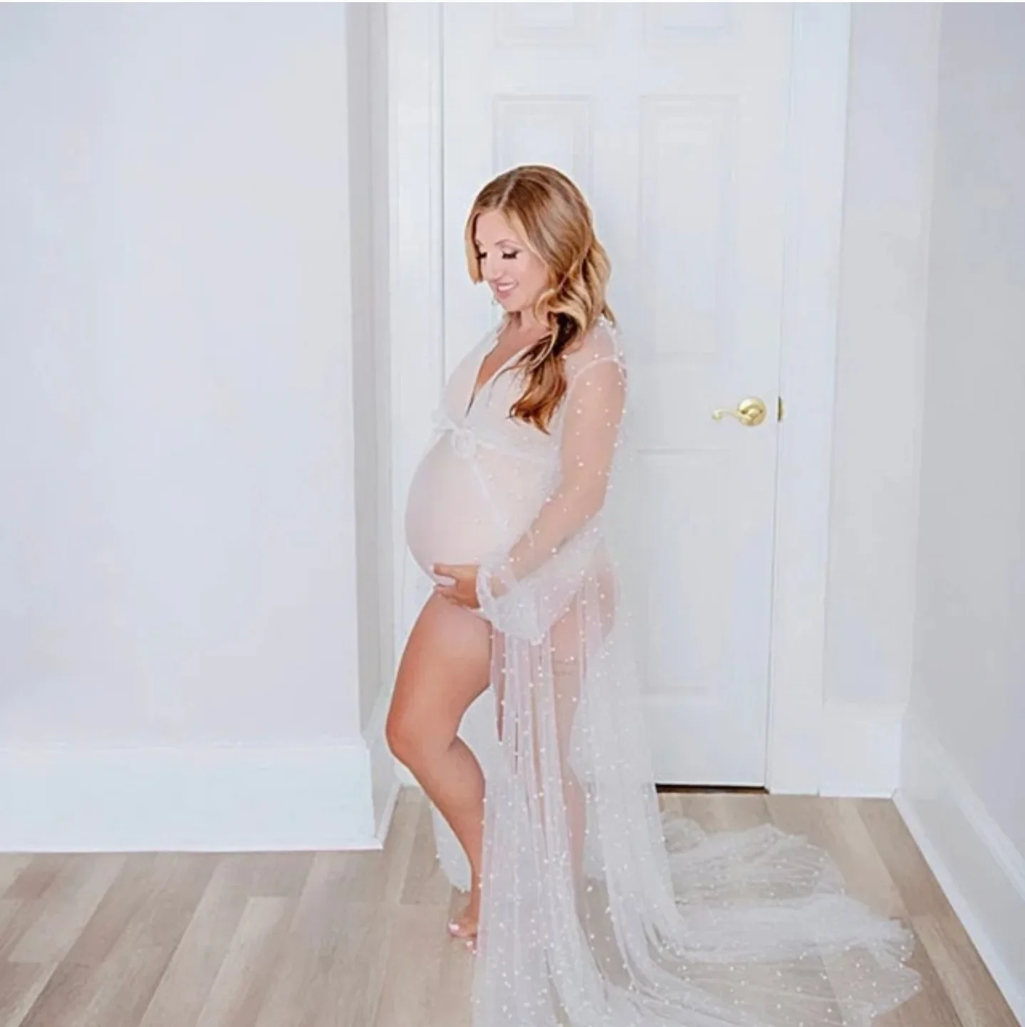 マタニティフォトスタジオ用ソフトメッシュビーズレースアップママドレス