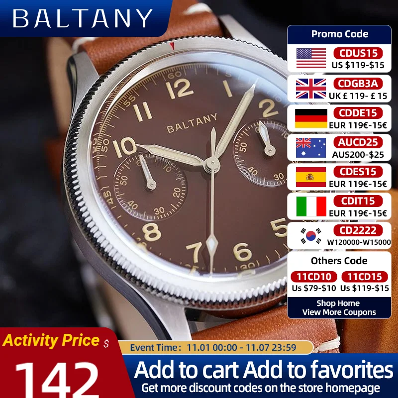 Baltany Chronograph Miyota 6S21 Movement Watch Rotating Bezel Quick Reset Stainless Steel 50M Waterproof  Military Vintage Watch