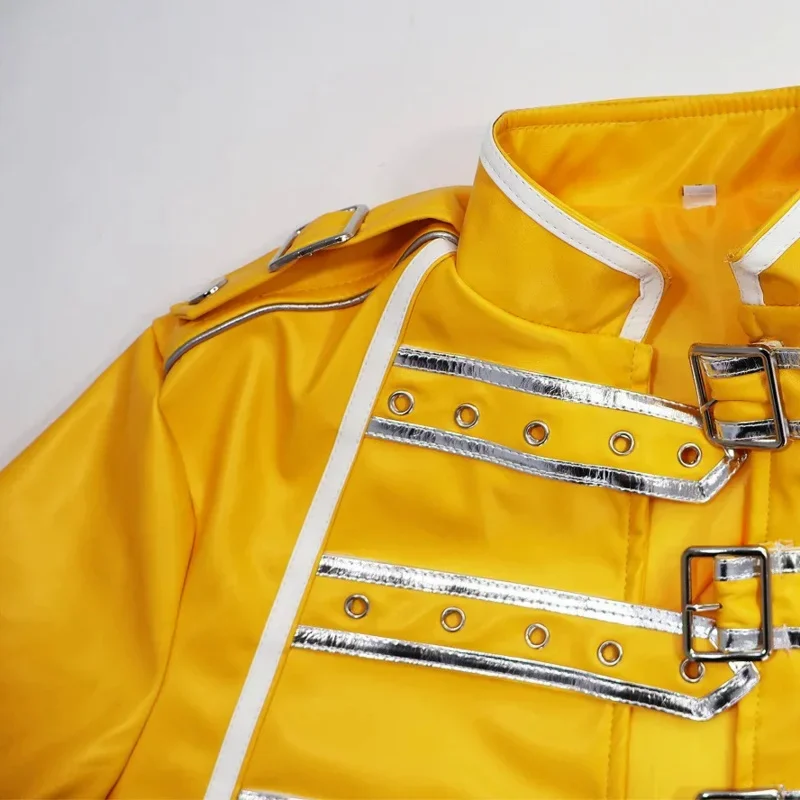 퀸 리드 보컬 프레디 머큐리 코스프레 의상 옐로우 가죽 자켓 코트 유니섹스 할로윈 카니발 복장