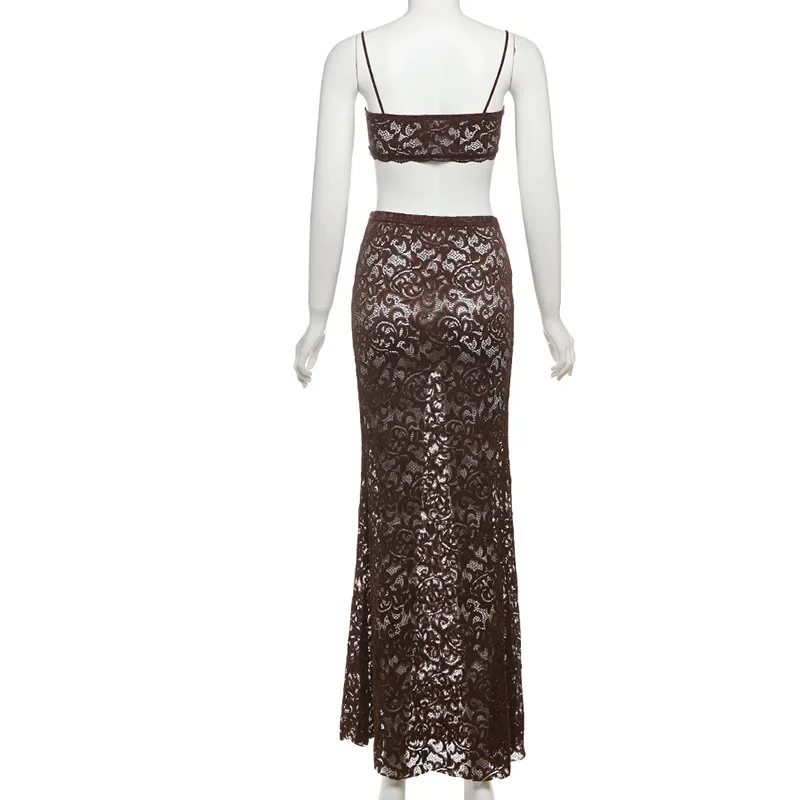 Vedere attraverso il pizzo Set da 2 pezzi Donna Sexy Canotta Crop Top + Gonne lunghe aderenti Moda Party Clubwear Abiti Abiti da vacanza