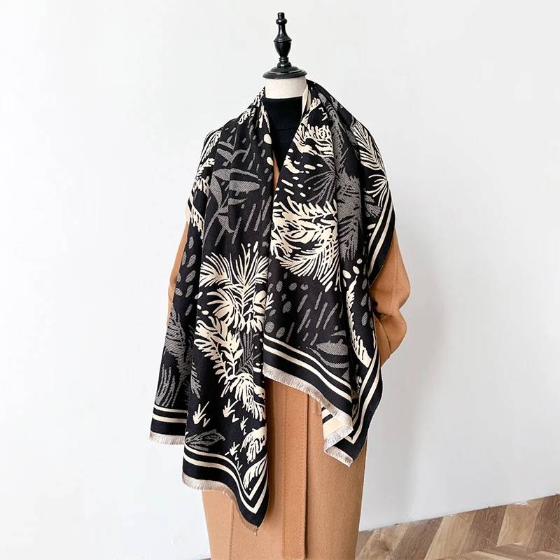 

New Luxury Tropical plantTwo-Sided Cashmere Jacquard Scarves High Quality Women Winter Thicken Wrap Shawl Ladies Pashmina Scarf