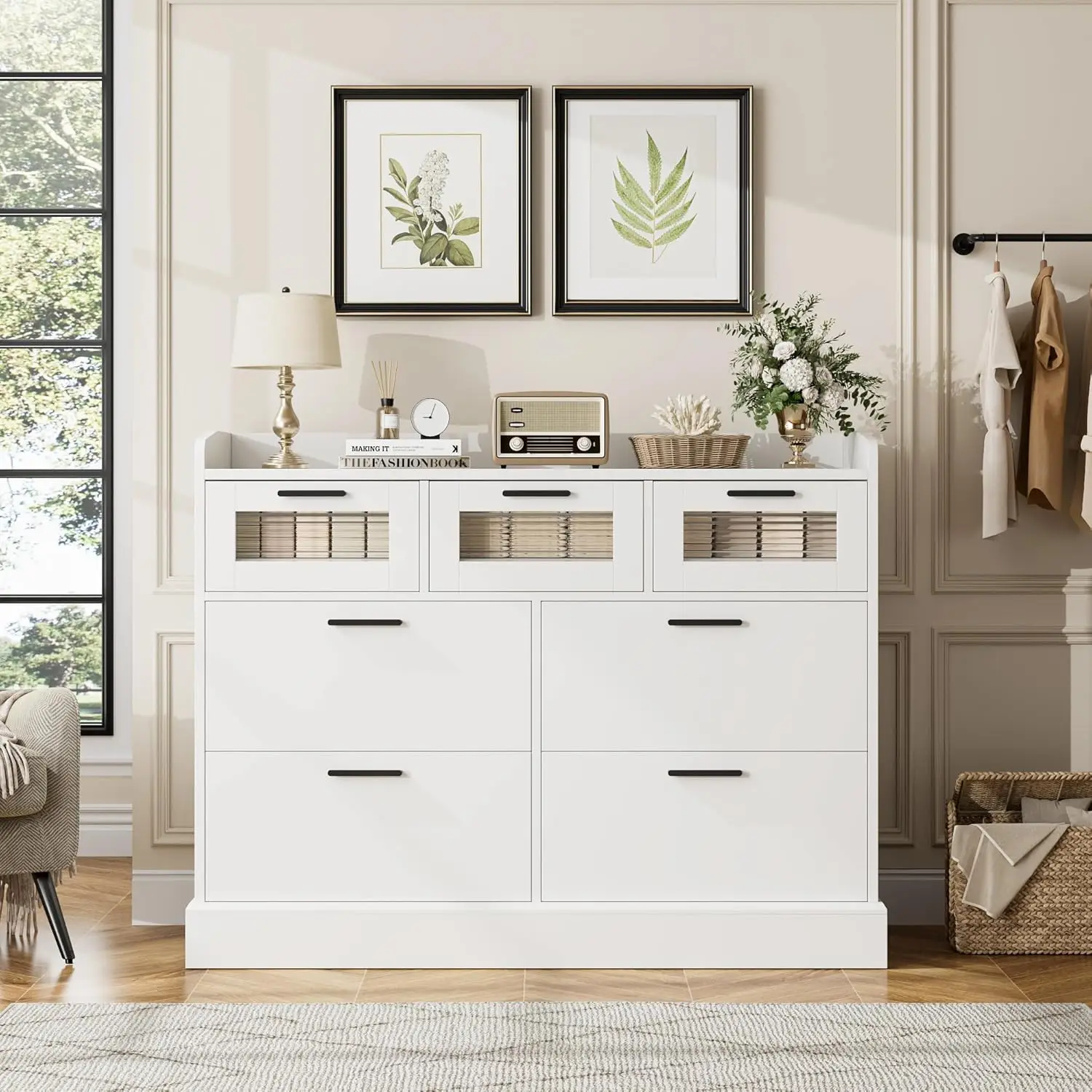 Modern 7 Drawer Dresser, White Dressser Chest of Drawers with Deep Drawers, Wide Wooden Dresser with Fluted Glass & Anti-Drop Fe