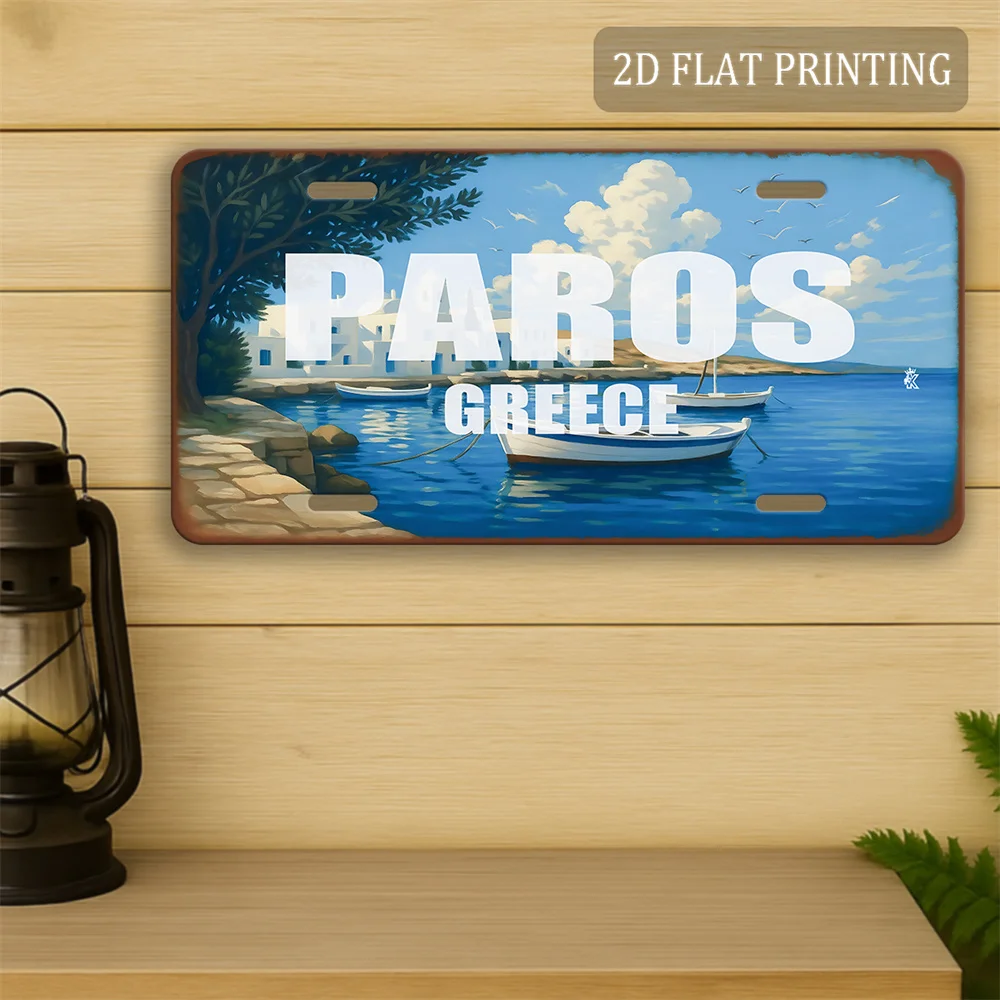 2D Flat - 1pc 2D Flat Paros Greece Aluminum Plate | Blue Aegean Island View Vintage Metal Sign, Rust Edge Design, Weatherproo