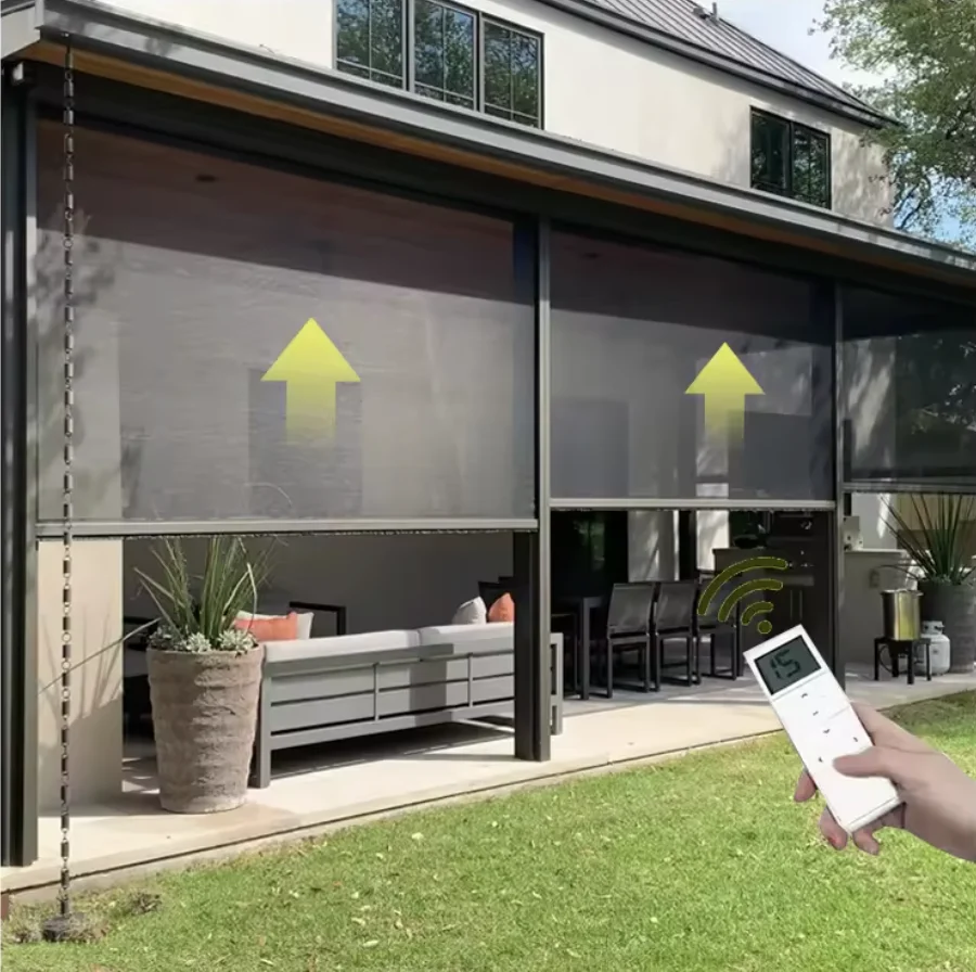 Motorized Waterproof Windproof Track Zipper Roller Blinds Outdoor Patio Balcony Blinds Retractable Screen Outdoor Blind