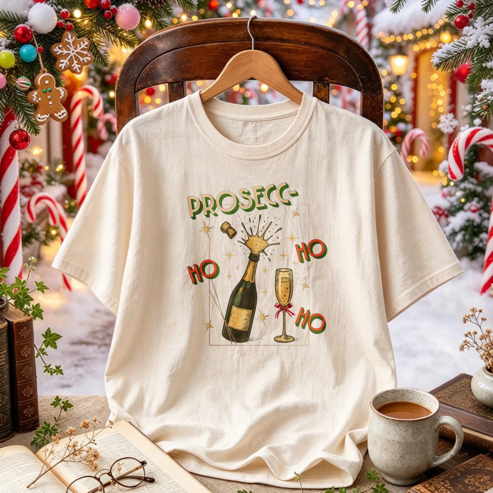 Prosecco Ho Graphic T Shirt Sparkling Wine Bottle Glass Print Crew Neck Short Sleeve Funny Christmas Party Drinking Casual Tees
