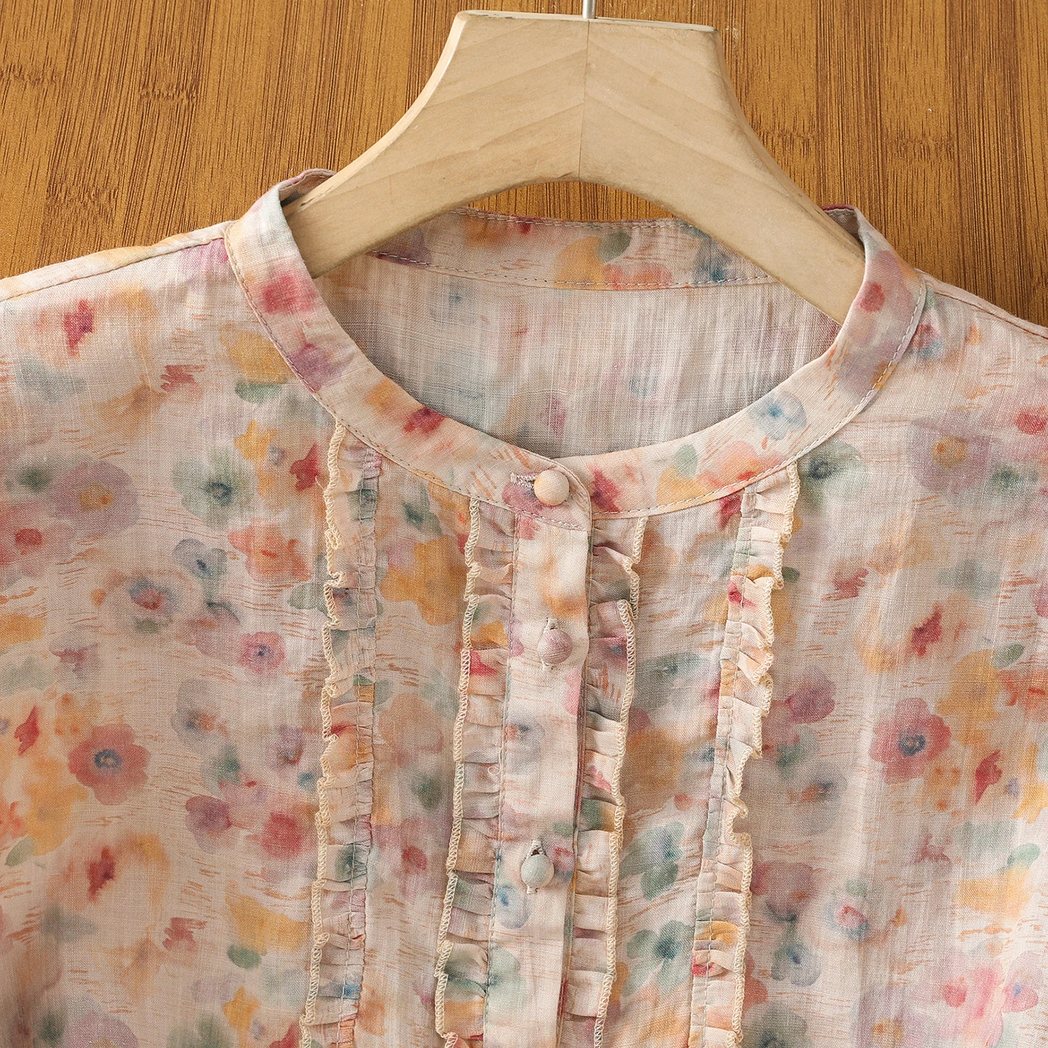 달콤한 면 혼방 반팔 여성 셔츠 여름 신상 플로럴 프린트 루즈핏 라운드넥 버튼업 캐주얼 탑