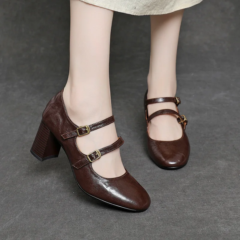 Koznoy 5.5cm Cow mocassini in vera pelle décolleté Slip on Shoes Buckle Fashion Office Summer Spring Chunky Heels Office Women