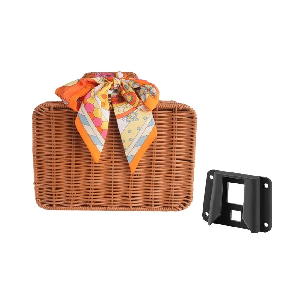 1 Piece Retro Brown Fake Rattan Bike Front Basket For Folding Bicycle Daily Commuting Shopping Storage Bag With Scarf Decoration