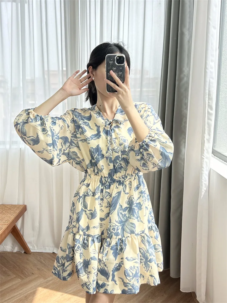 

Women Floral Printed Dress Lace-up V-Neck Long Sleeve High Waist Vintage 2024 Summer Mini Robe