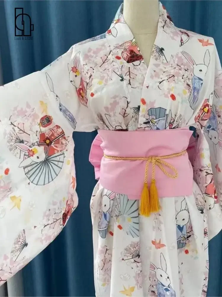 Luck A Peach Blossom Wish Rabbit Yukata Set Cute Summer Bathrobe Cosplay with Waist Belt Waist Bow Colors Pink/Red/Blue