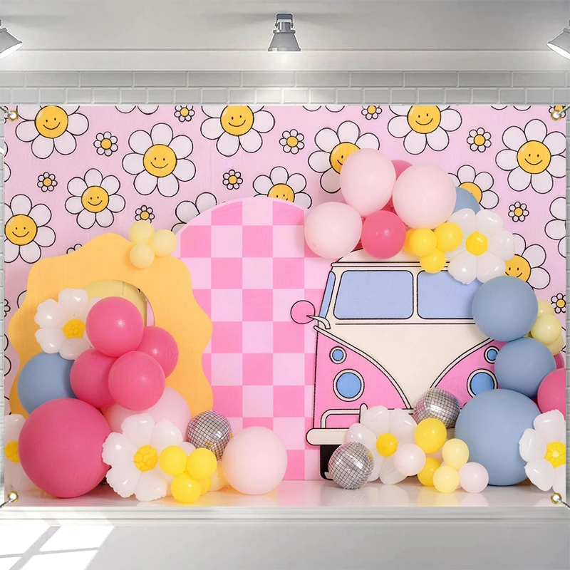 

LS Spring Daisy Bus Backdrops Kids Baby Photography Props Child Adult Photocall Decors Flower Cake Smash Birthday Backgrounds