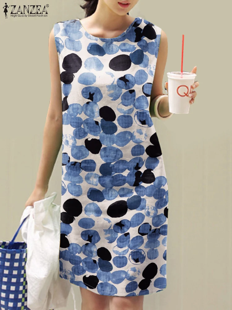 2025 ZANZEA 夏ノースリーブ花柄サンドレス女性ボヘミアンビーチ膝丈ドレスカジュアルホリデー Vestidos ローブファム