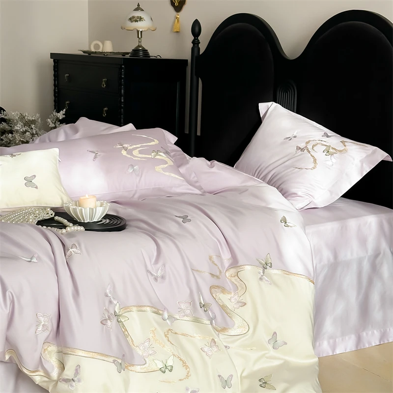 

600TC Egyptian Cotton Butterfly Embroidery Luxury Bedding Set Single Double Queen King Duvet Cover Flat/Fitted Sheet Pillowcases