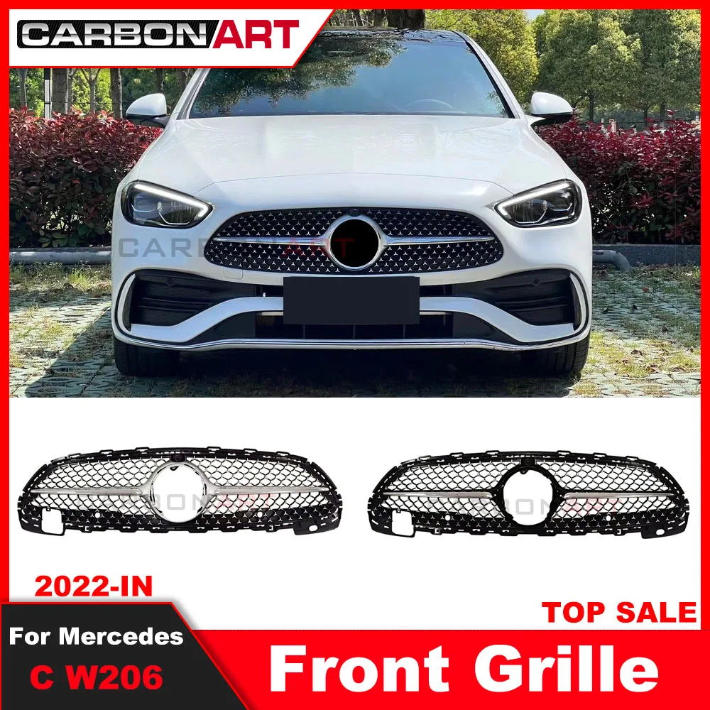 W206 Grill Front Grille For mercede New C Class W206 2021-2023 C180 C200 C300 C43 GT R Style Upper Bumper Hood Mesh Black/Silver