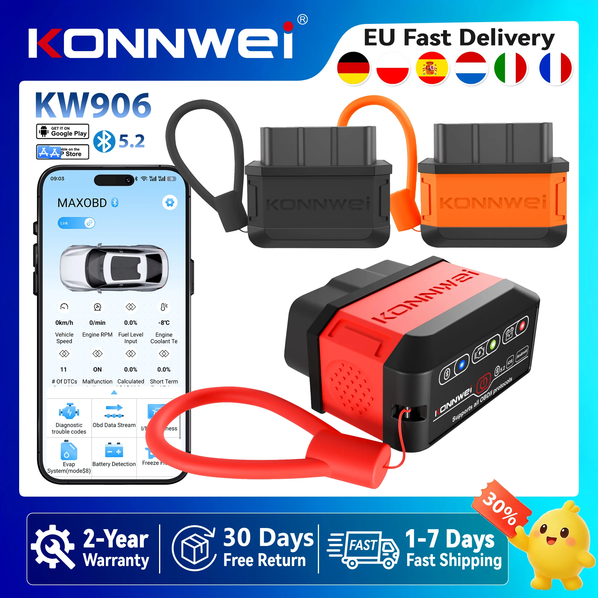 KONNWEI KW906 Scanner OBD2 Bluetooth 5.2 ELM 327 V1.5 Strumento Diagnostico per Auto Scanner del Sistema Motore per Android/IOS Lettore di Codici Pic18F25K80 Spedizione Gratuita
