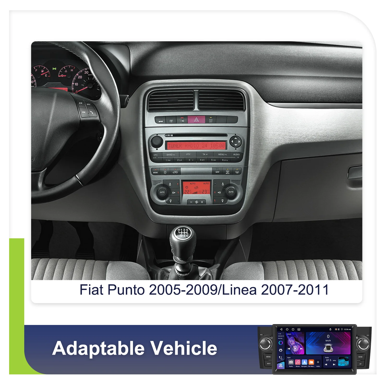 Podofo 1Din Android 4+64G Autoradio für FIAT Punto 05-09/Linea 07-11 Carplay Android Auto GPS WIFI Mirror Link Auto-Audio-Stereoanlage – Detail 1