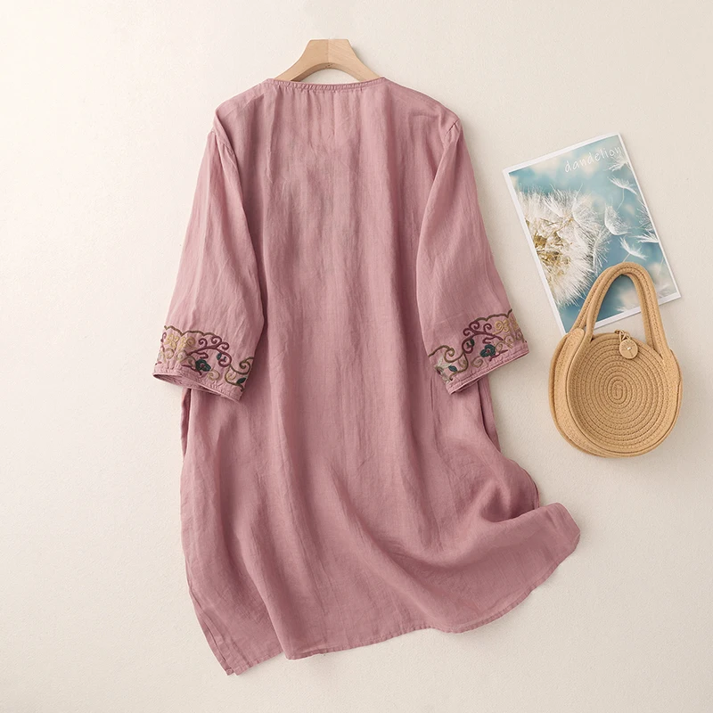 Baju Wanita Katun Linen Bordir Artistik Retro, Model Longgar, Meniruskan, Musim Panas, Terbaru, Pakaian Ibu