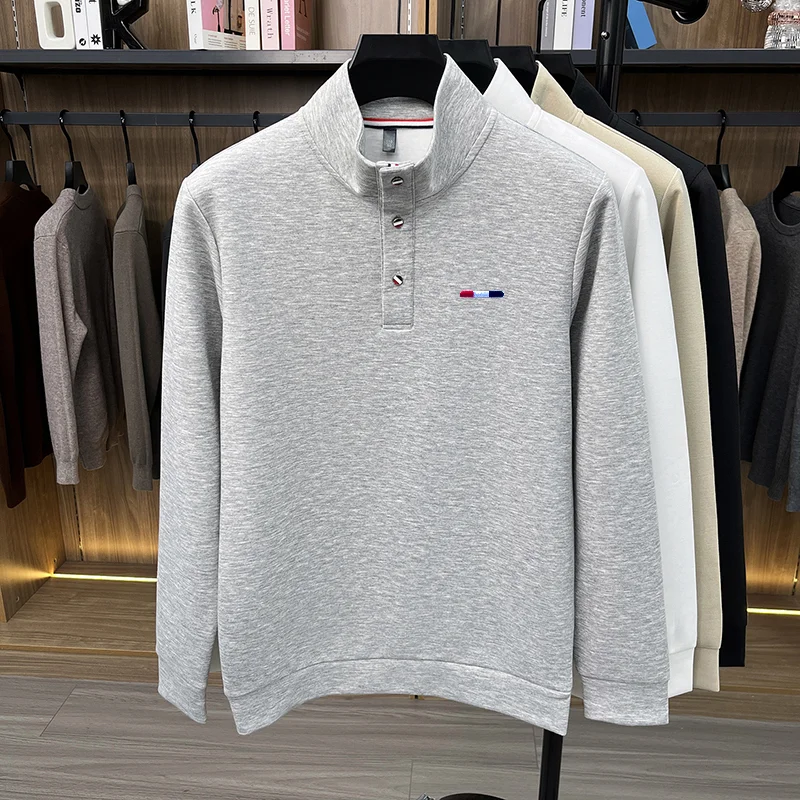 Herren-Langarm-T-Shirt mit hohem Kragen, Knopfleiste, exquisitem Muster, Stickerei, hautfreundlich, farbecht, Herbst-Freizeitmode, Herrenbekleidung – Detail 15