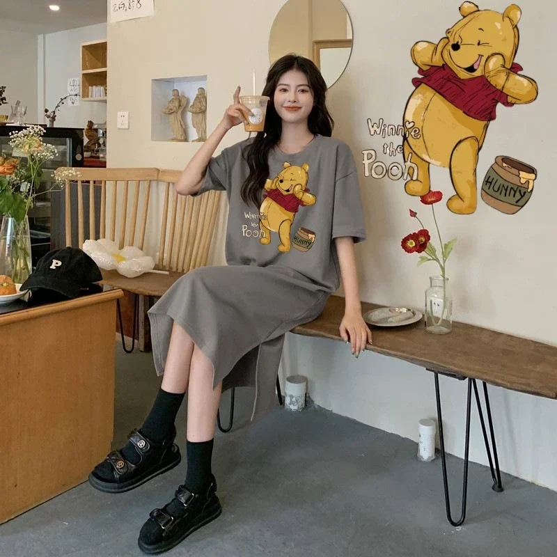 Miniso THE POOH Bear T-shirt Dress WINNIE  Anime Cartoon 40-90kg Fat Large Size Short Sleeved Loose Midlength Knee Slit Skirts