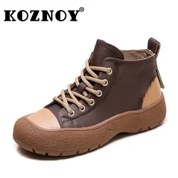 Koznoy 3cm New Cow Genuine Leather Booties Spring Thick Sole Motorcycle Platform Wedge Women Autumn Ankle Boot Flats Shoes