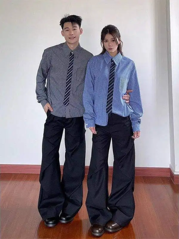 

Рубашка в клетку в американском стиле с длинными рукавами, мужская весенняя рубашка в стиле High Street Cleanfit, верхняя одежда для пар в студенческом стиле, свободный крой, с пуговицами