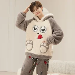 Erkekler kış kalınlaşmış mercan polar pijama Set peluş kapüşonlu ev takım elbise uzun kollu karikatür pazen 2 adet Set sıcak Nightwea 4XL