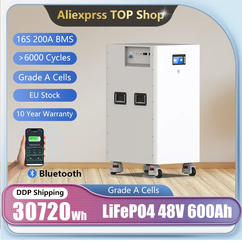 Batterie LiFePO4 48V 600Ah 30KW 51.2V 600Ah cellules de qualité A 6000 + Cycles Bluetooth BMS CAN RS485 égaliseur intégré ue sans taxe