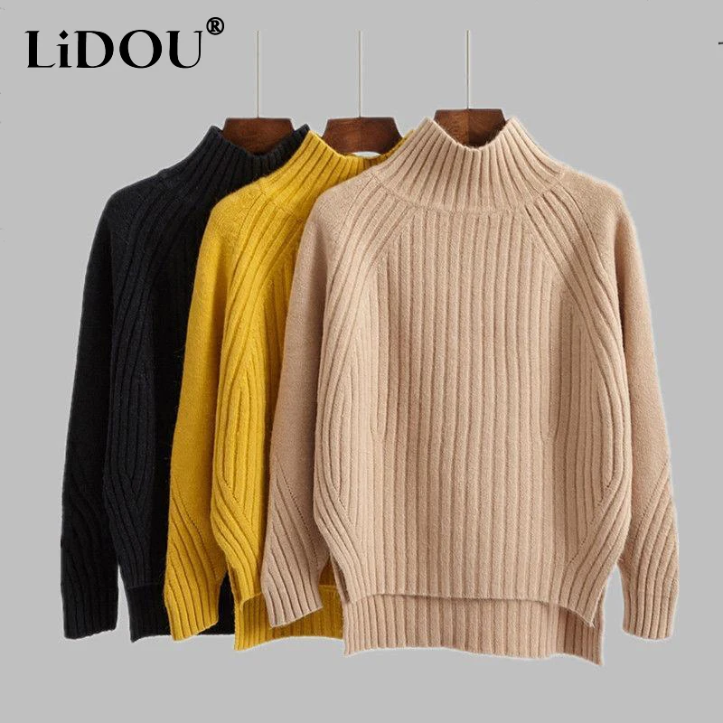 

Autumn Winter Half High Collar Casual Irregular Sweater Female Solid Color Fashion All-match Jumpers Women Knitting Pullover Top