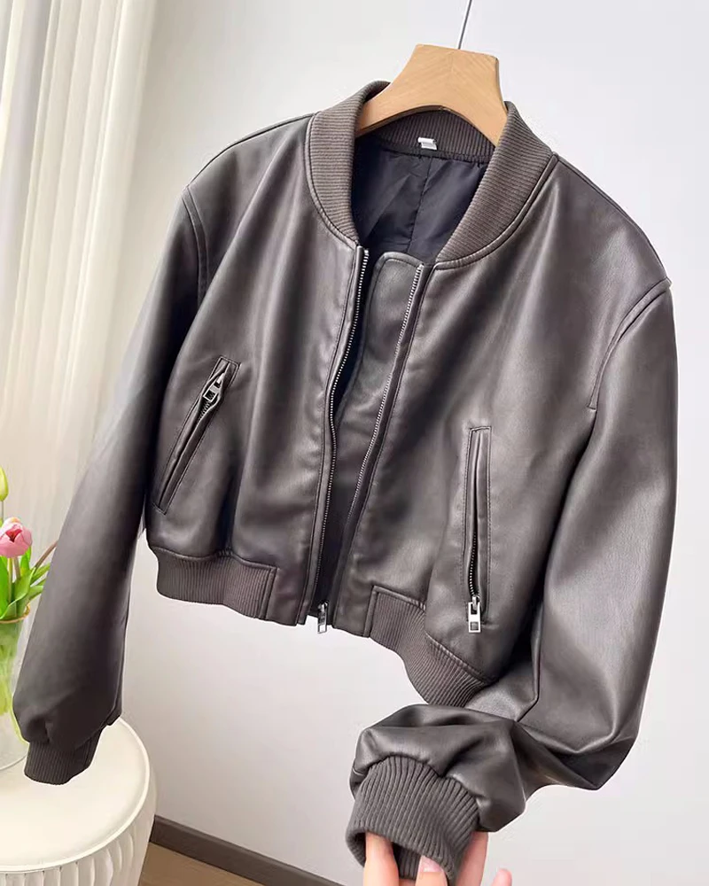 American Sle ort Pilot Jaet Fake Leather Women's Coat Durable Zipper Closure Long Sve Loose Fit Commute Sle