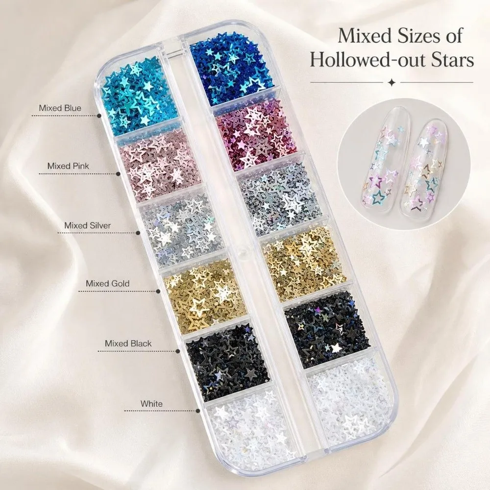 12 Grids Nail Art Sequins Kit Polka Dots Multicolor Nail Art Glitter Set Star Mixed Shape Nail Charms Decorations