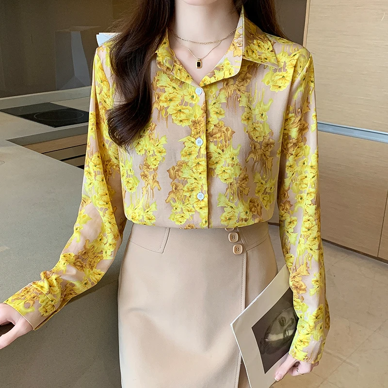 Women Spring Korean Loose Fashion Printing Appear Thin Polo-Neck Long Sleeve Shirts Women Clothes Casual All-match Elegant Tops